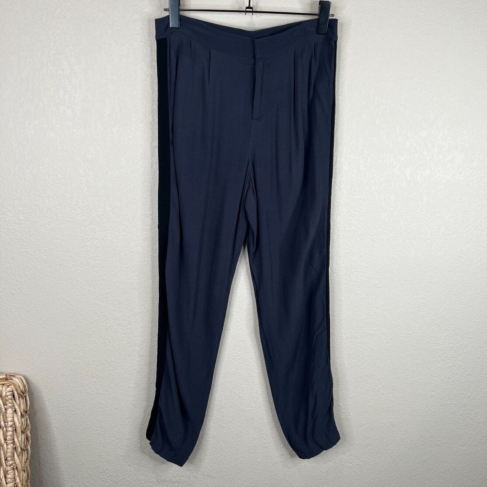 Armani Jeans Womens Jogger Trouser Size 40 Navy Side Stripe High Rise Pleated